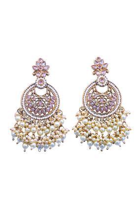 ethnic oversized mini pearls studded gold-toned oval drop chandbali earrings