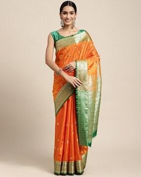ethnic print banarasi silk saree with blouse piece
