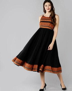 ethnic print fit and flare dress