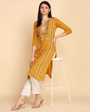 ethnic print round-neck straight kurti