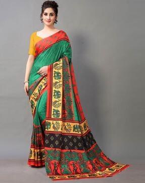 ethnic print saree with unstitched blouse piece