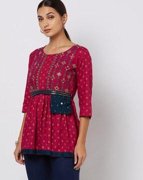 ethnic print top with waist tie-up