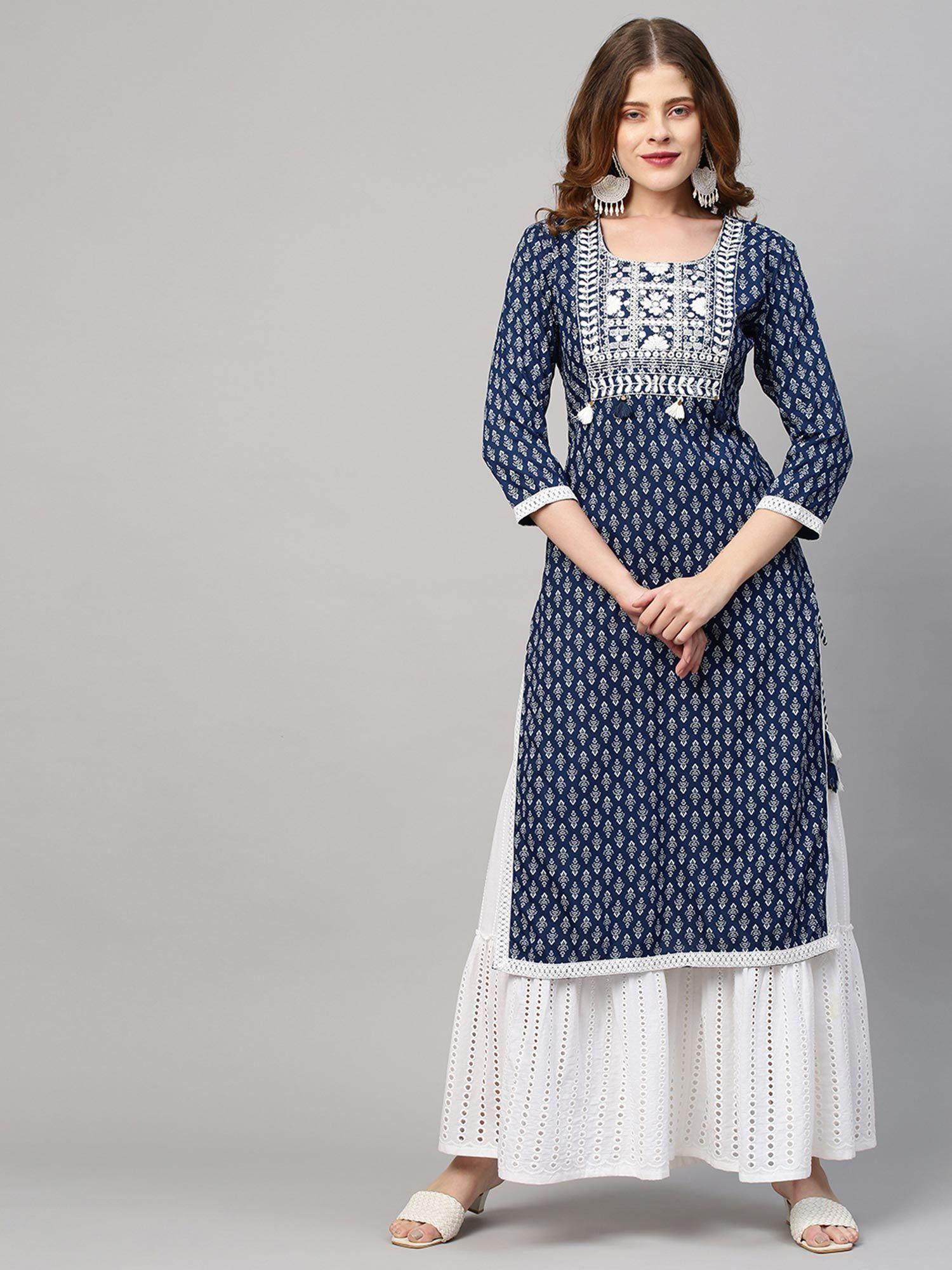 ethnic printed & chikankari embroidered straight fit kurta - indigo blue