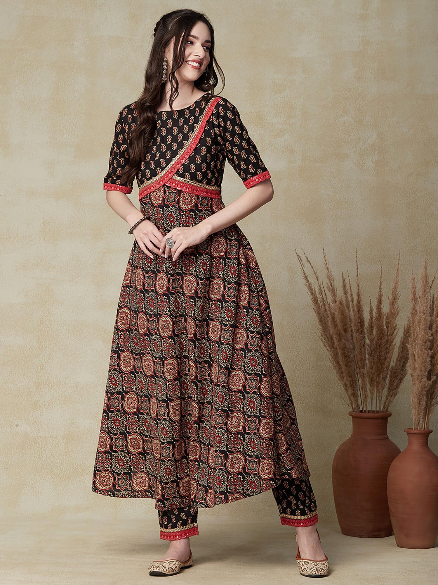 ethnic printed & embroidered a-line flared kurta with pant - black (set of 2)