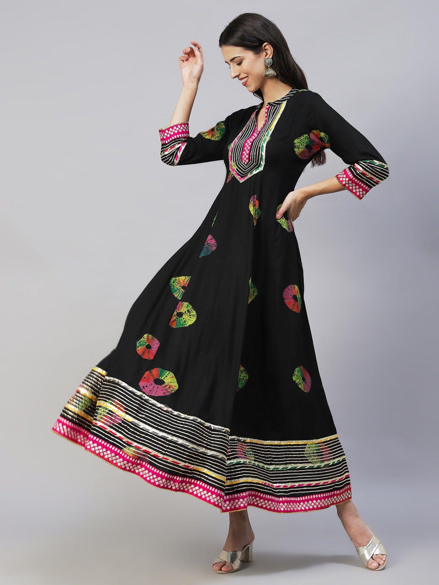 ethnic printed & embroidered anarkali flared maxi dress - black