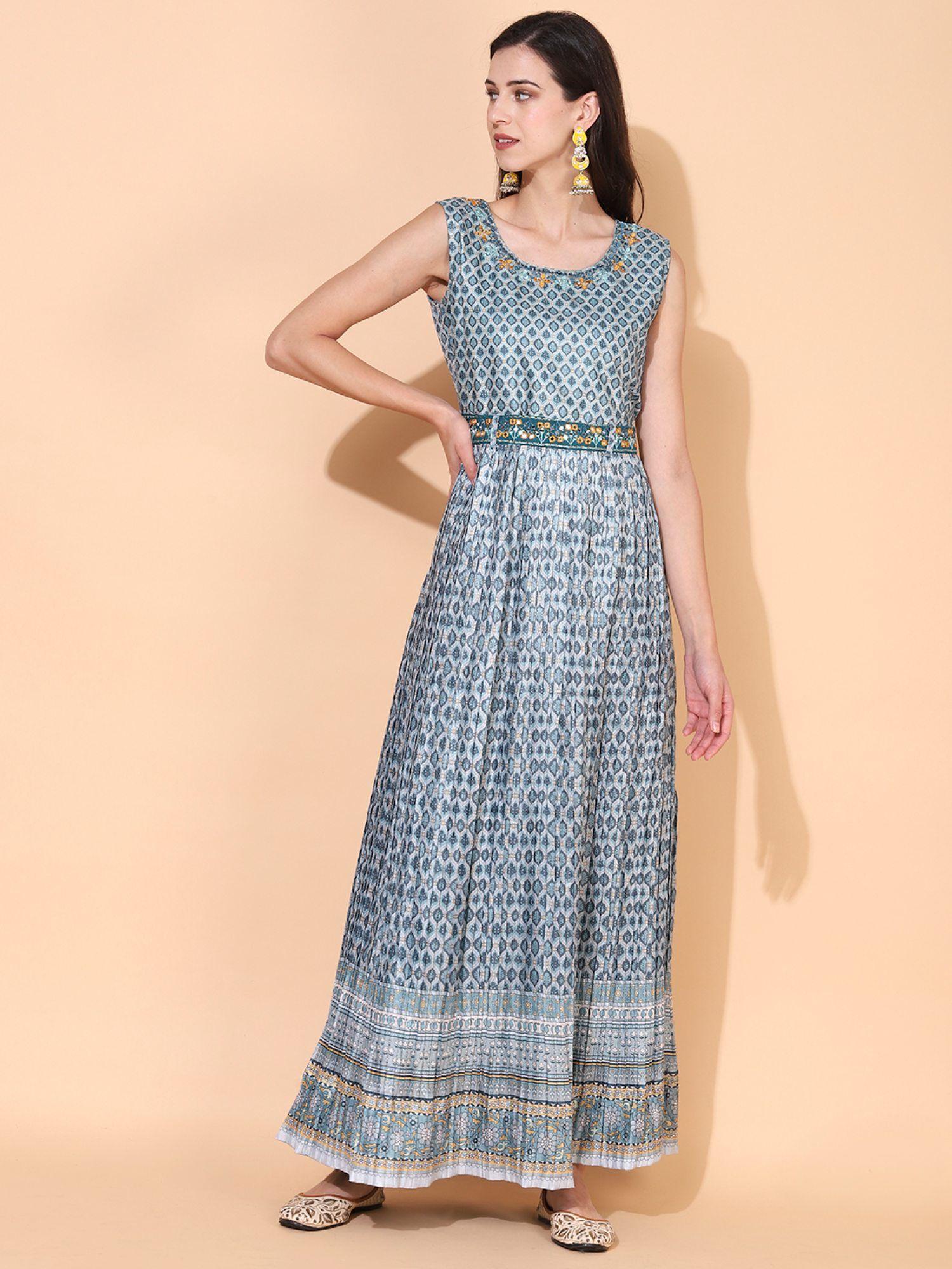 ethnic printed & embroidered flared maxi dress blue (set of 2)