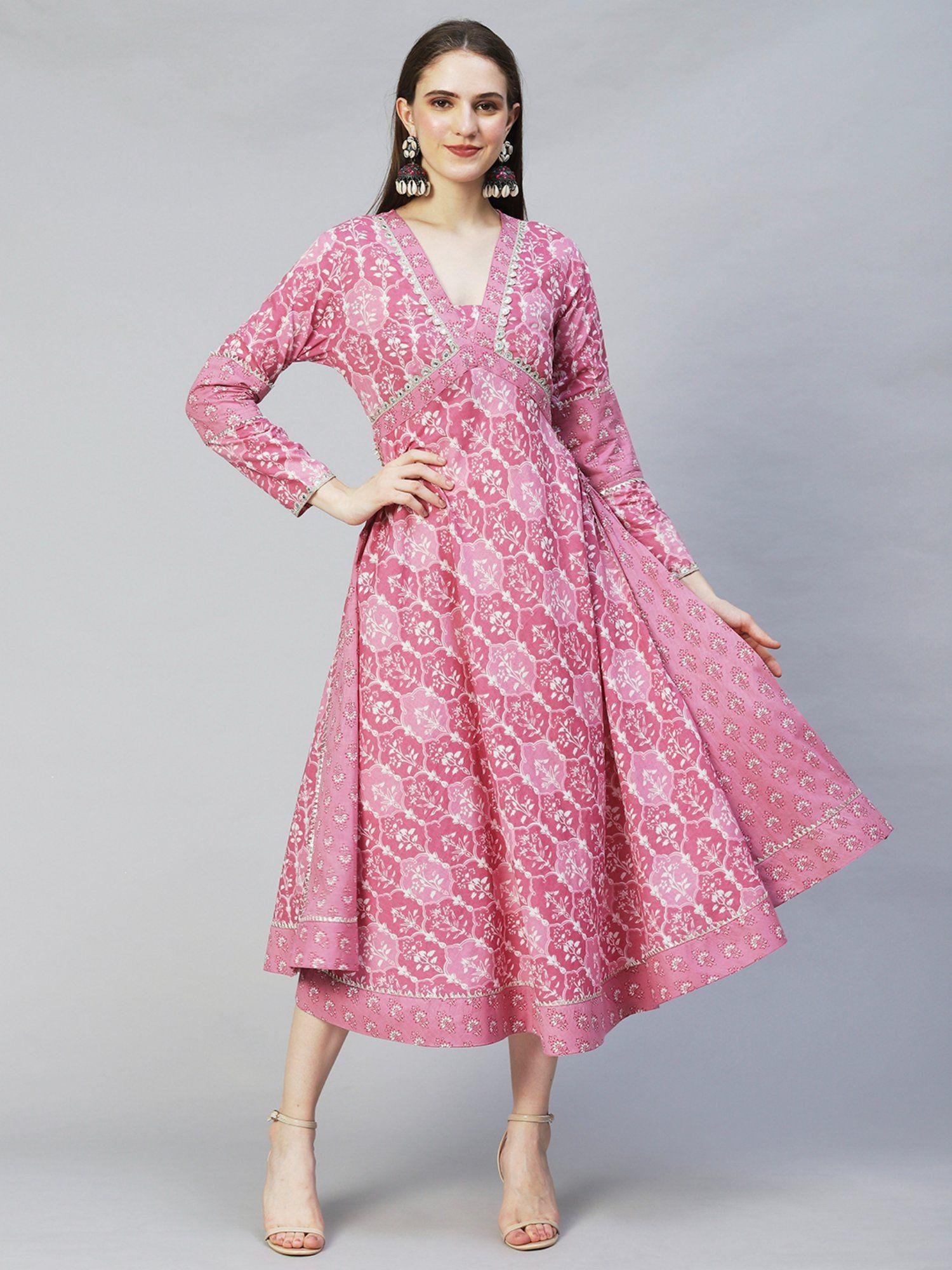 ethnic printed & embroidered flared midi dress light mauve