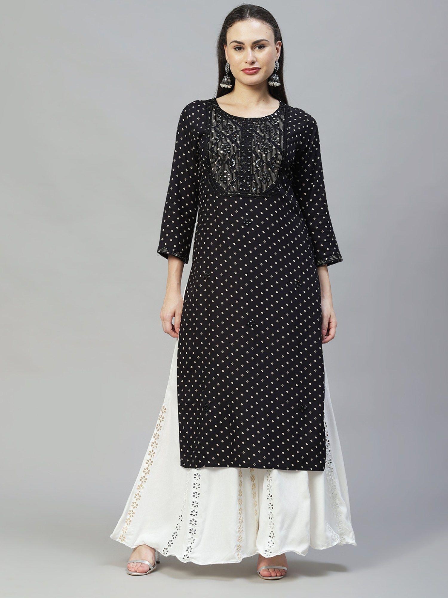 ethnic printed & embroidered straight fit kurta - black