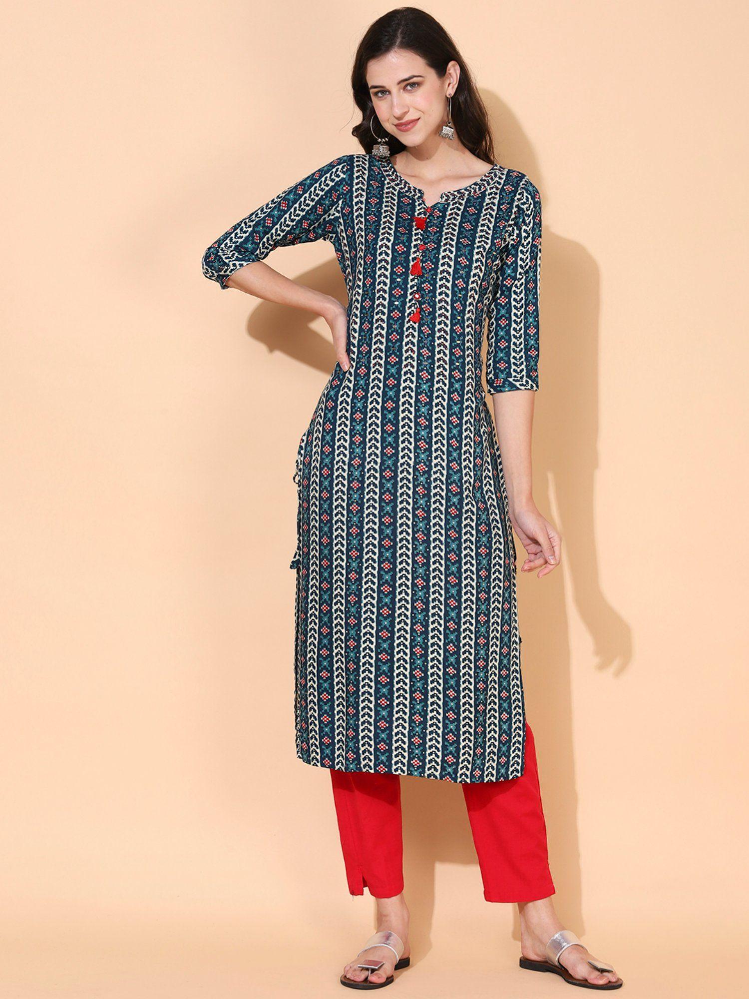 ethnic printed & embroidered straight fit kurta multi