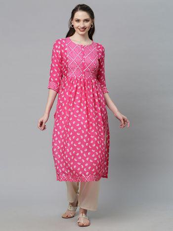 ethnic printed a-line flare kurta - pink