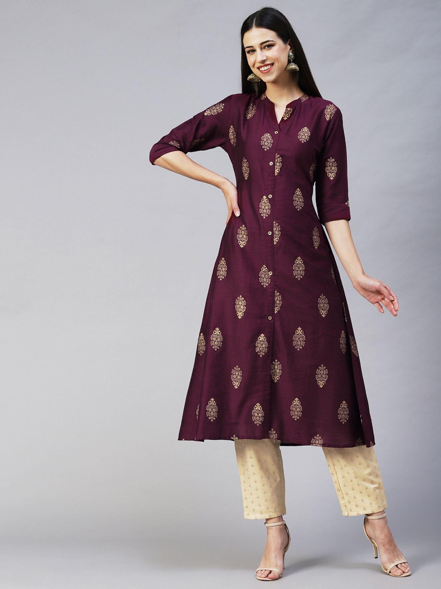 ethnic printed a-line kurta - wine