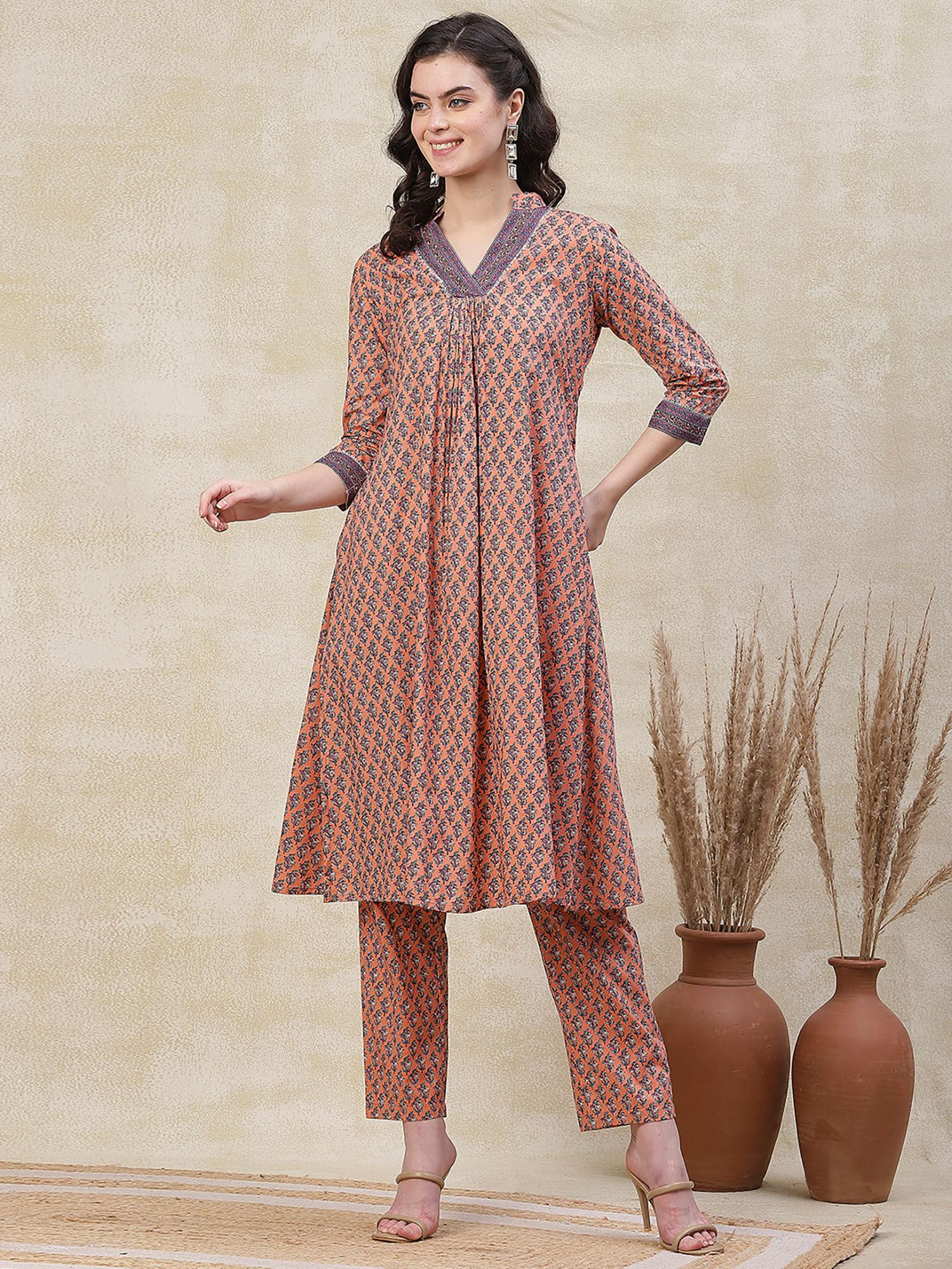 ethnic printed a-line kurta with pant - peach (set of 2)