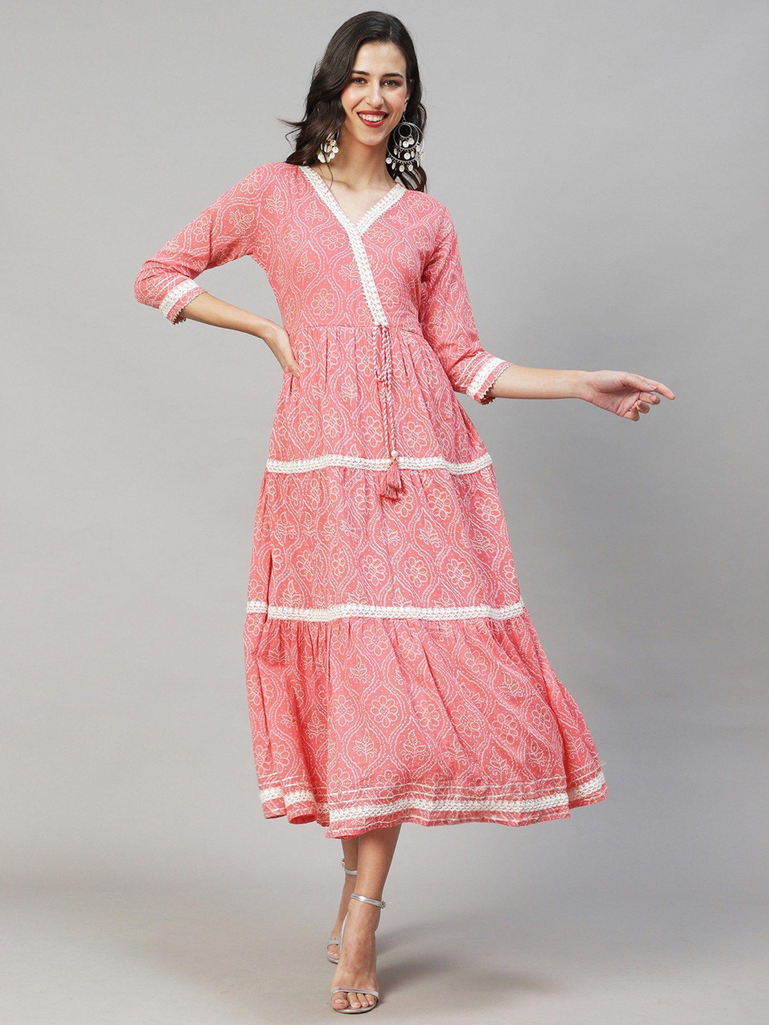 ethnic printed and embroidered tiered flared maxi dress - pink