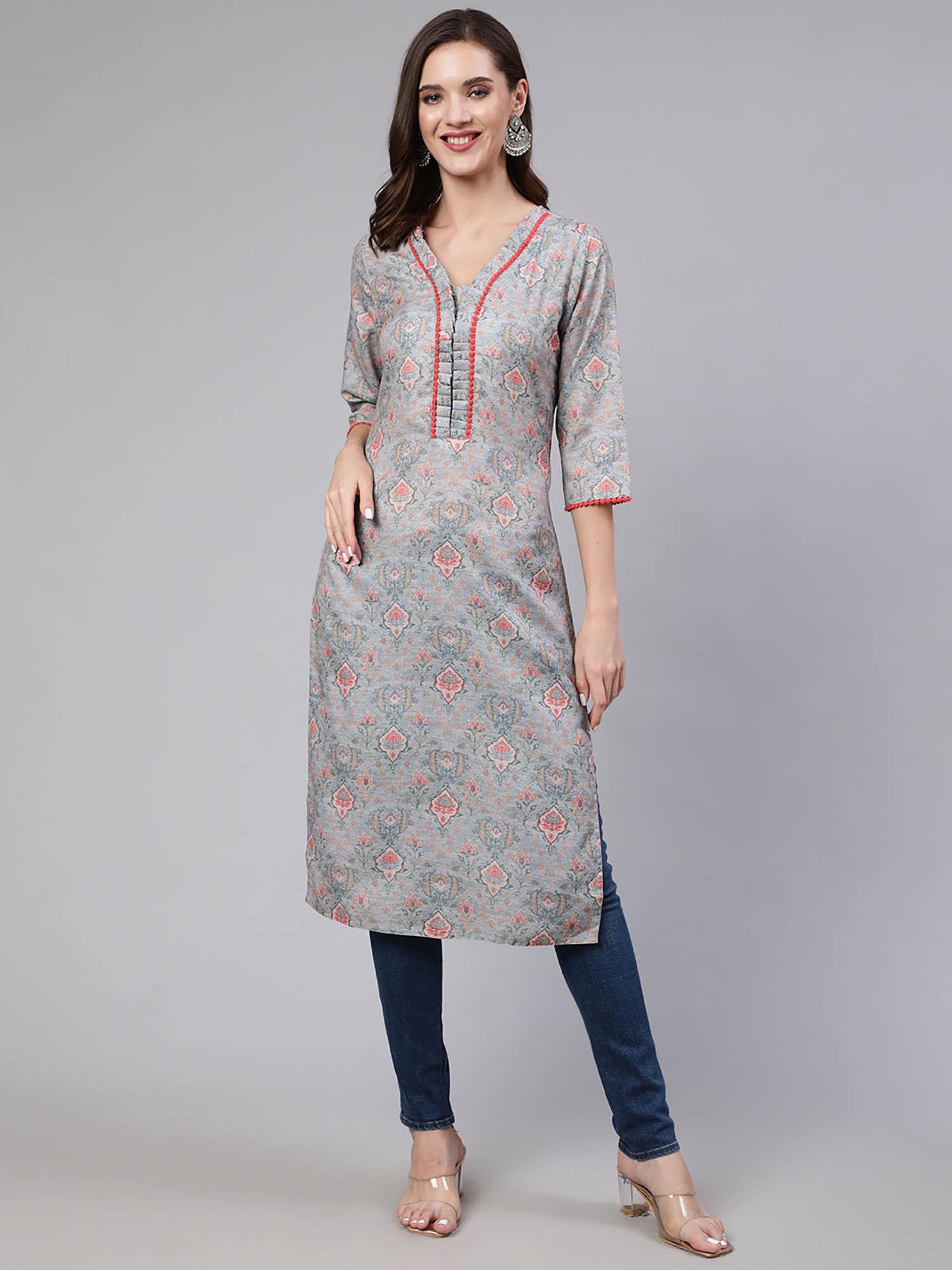 ethnic printed grey straight kurta with lace