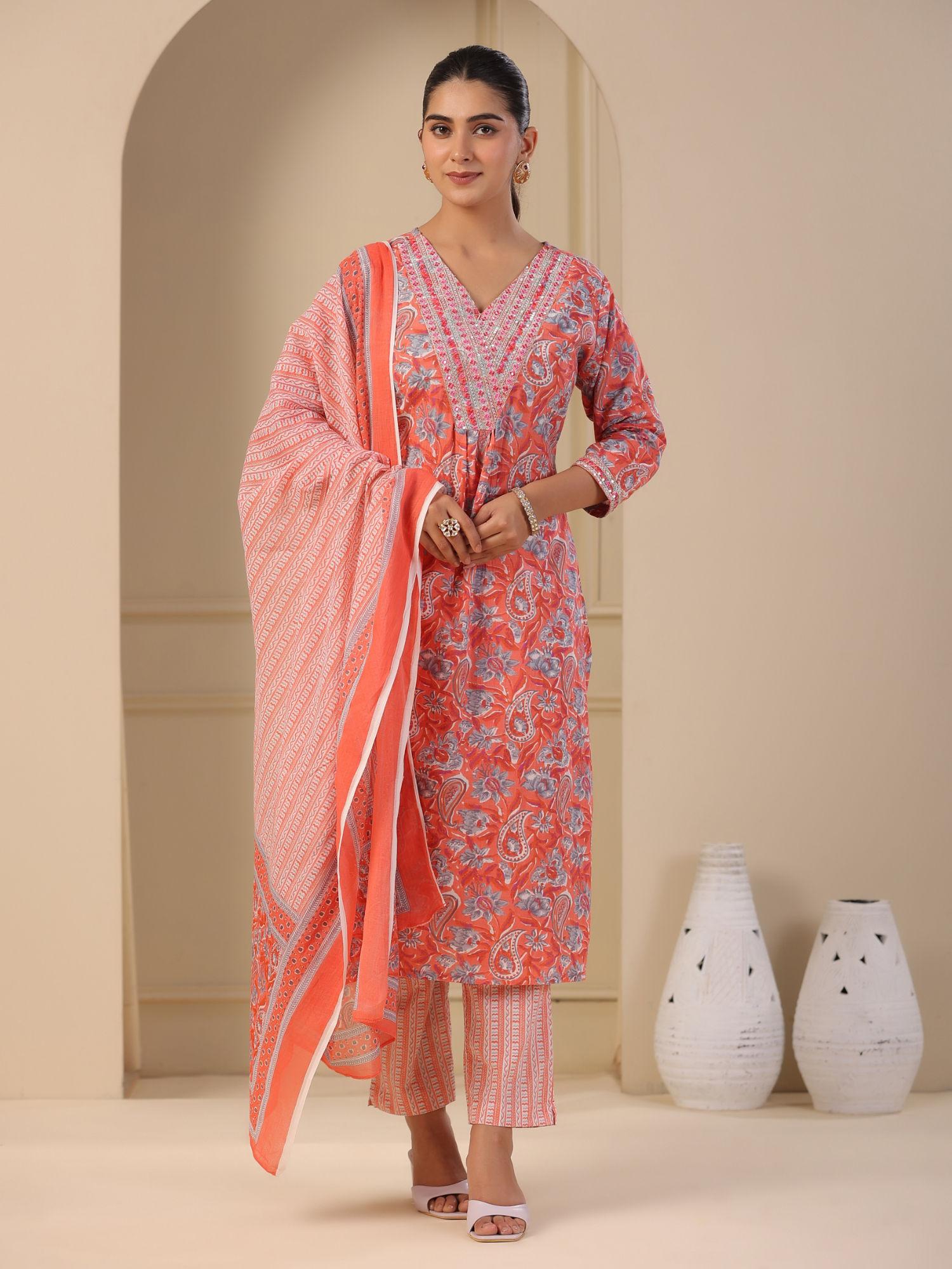 ethnic printed kurta with pant & dupatta - peach (set of 3)