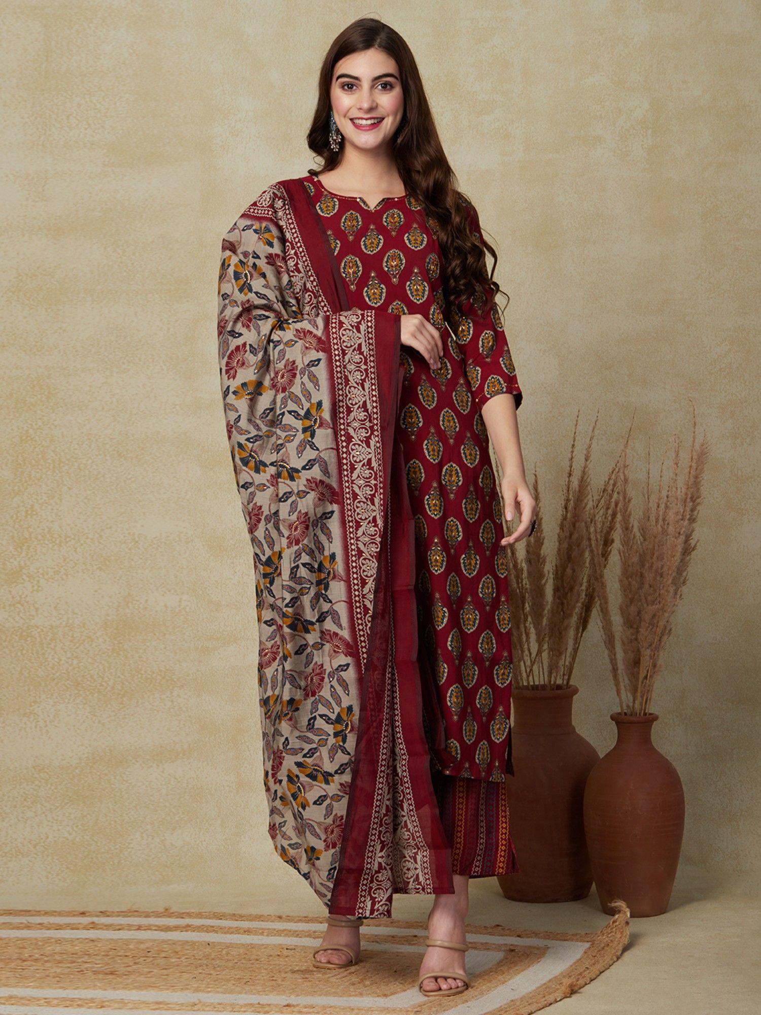 ethnic printed kurta with pants & dupatta - maroon (set of 3)