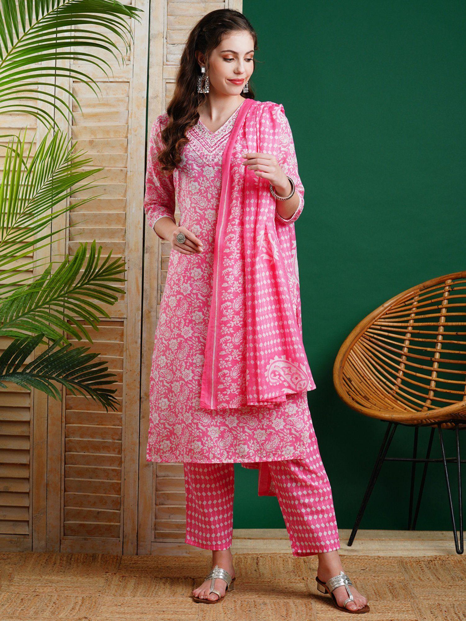 ethnic printed kurta with pants & dupatta - pink (set of 3)