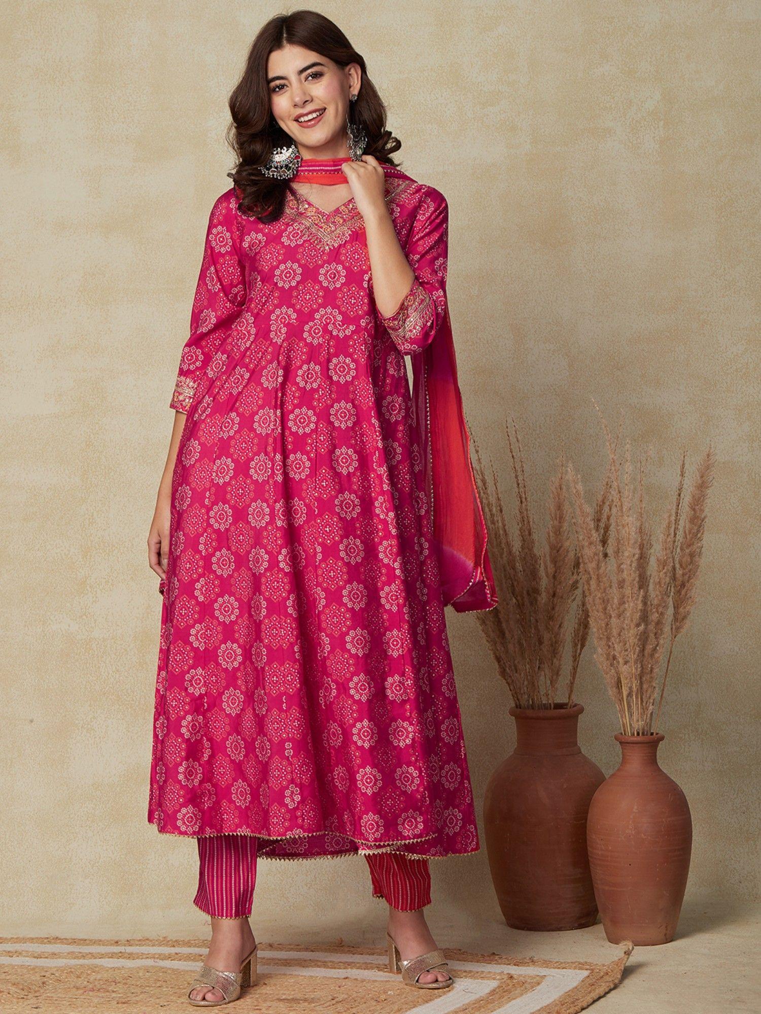 ethnic printed kurta with pants & dupatta - pink (set of 3)