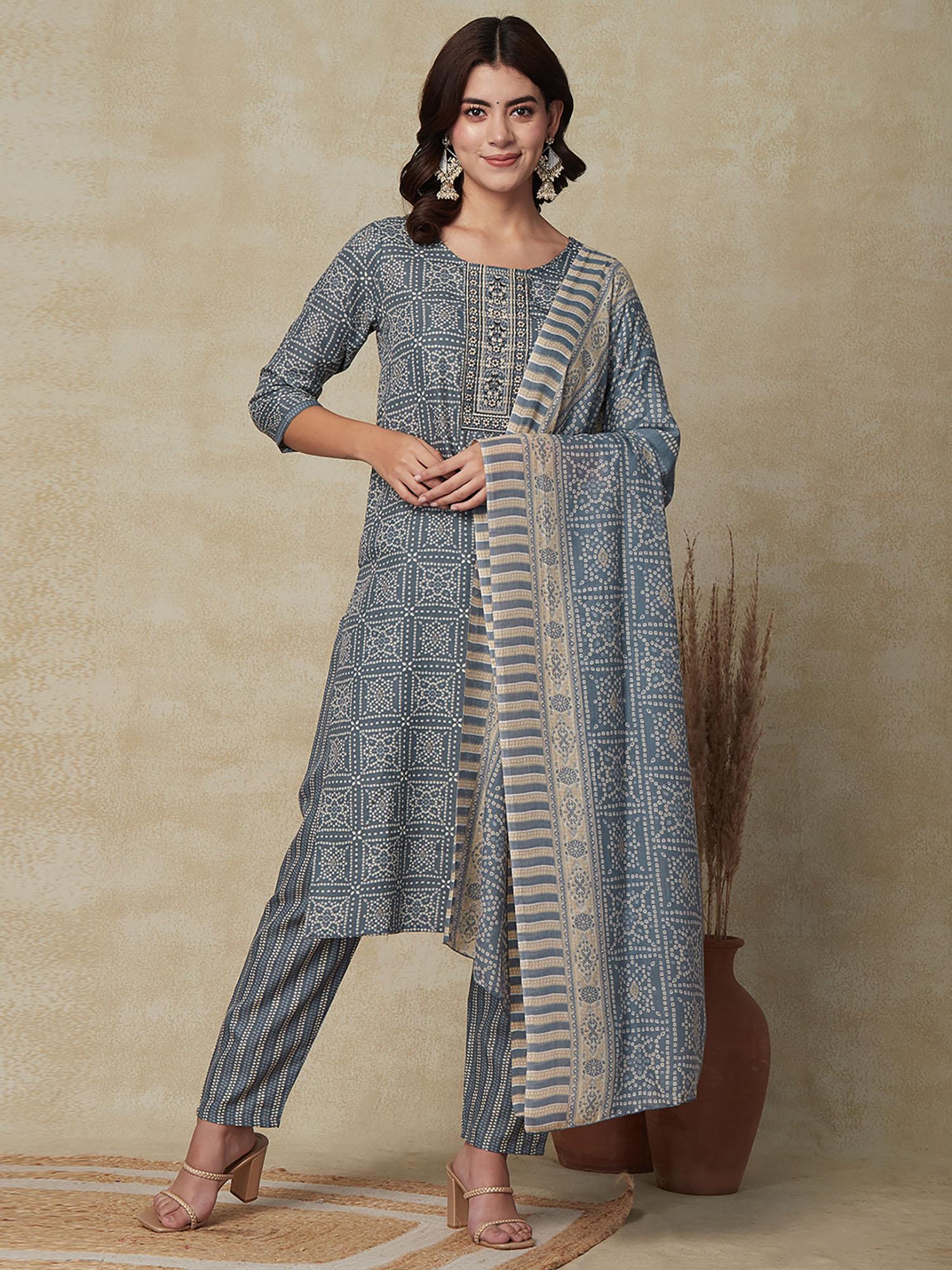 ethnic printed kurta with pants & dupatta- grey (set of 3)