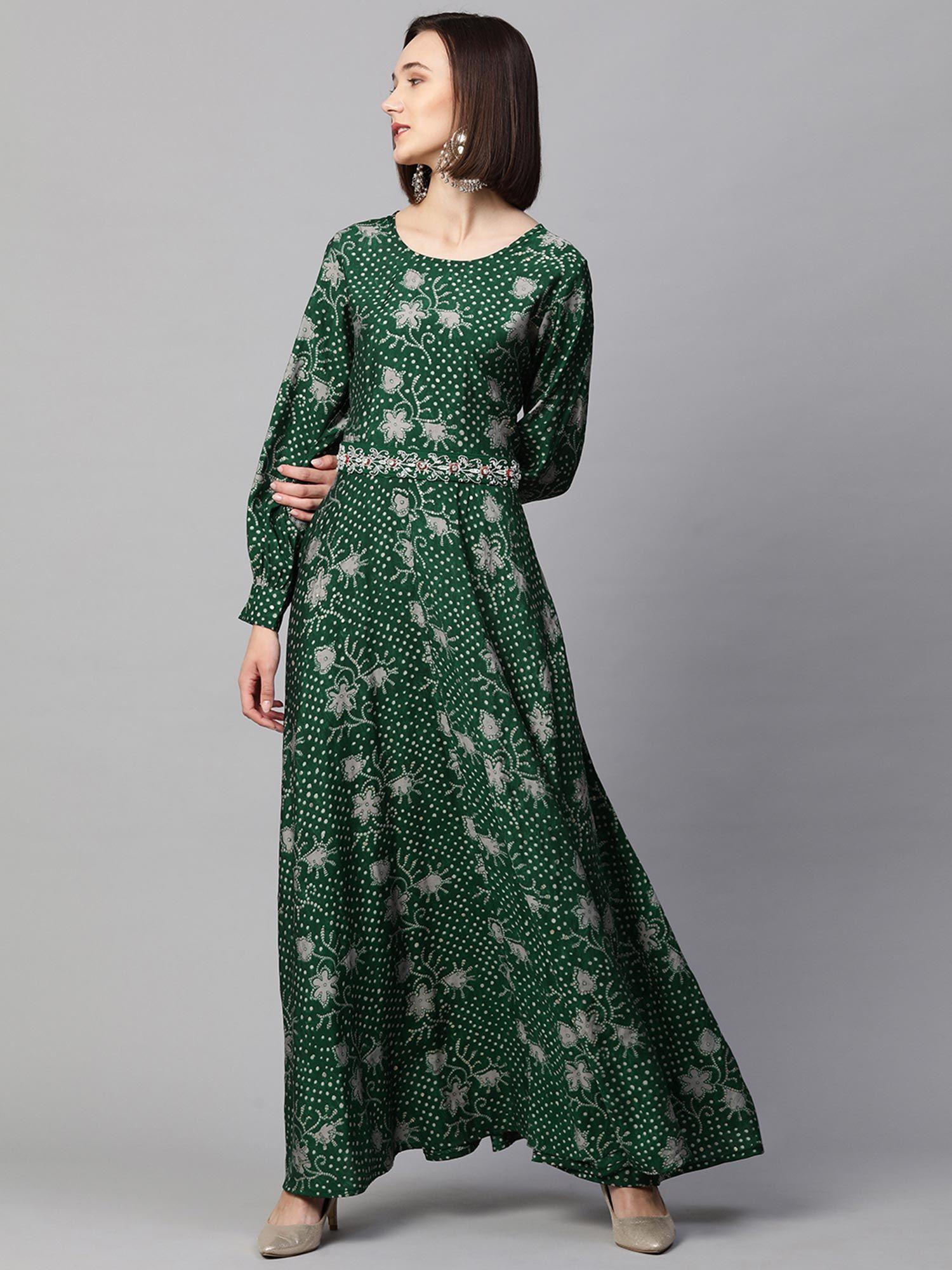 ethnic printed maxi dress with embroidered belt - bottle green (set of 2)