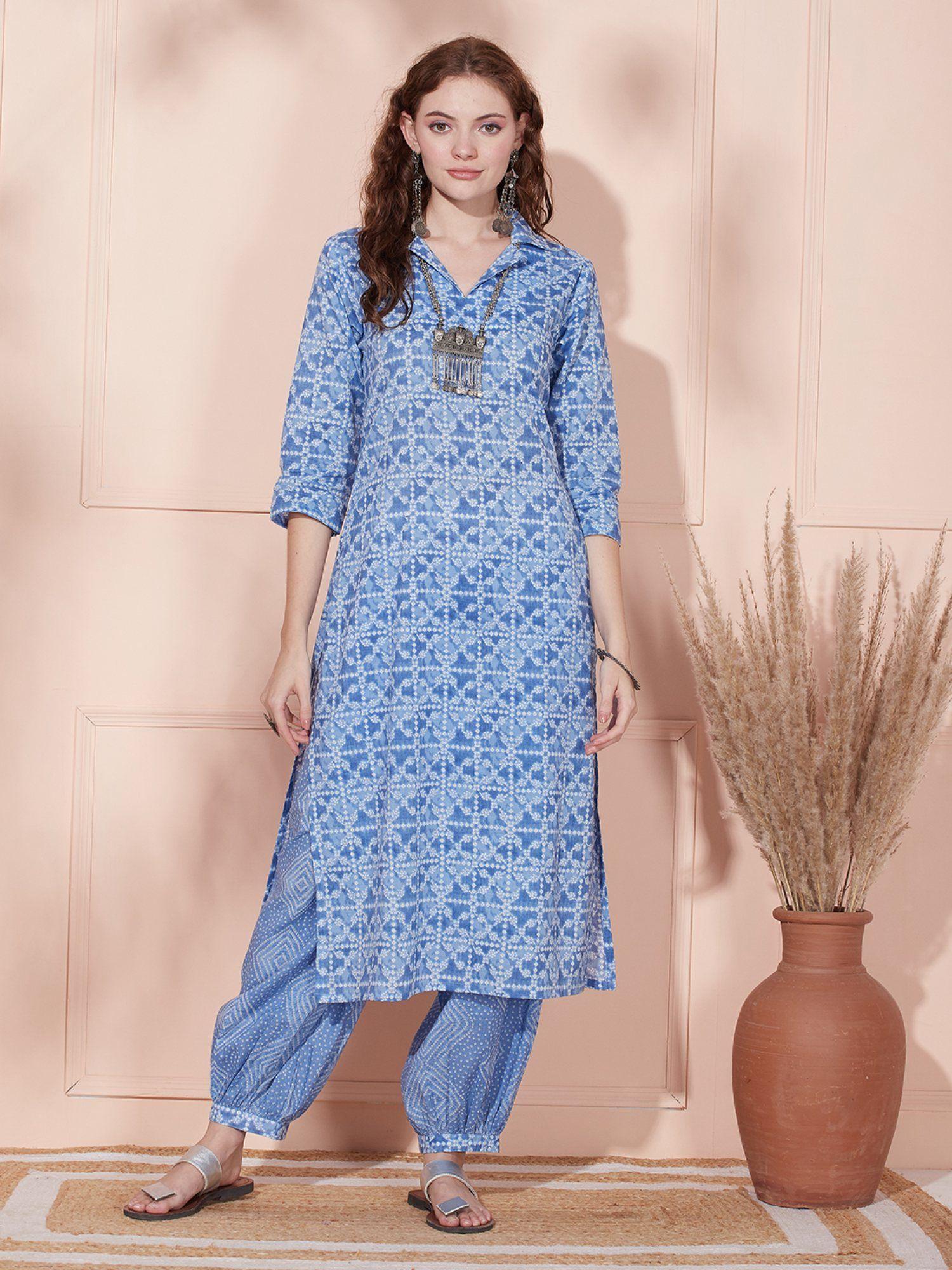 ethnic printed straight fit kurta with balloon pant - blue (set of 2)