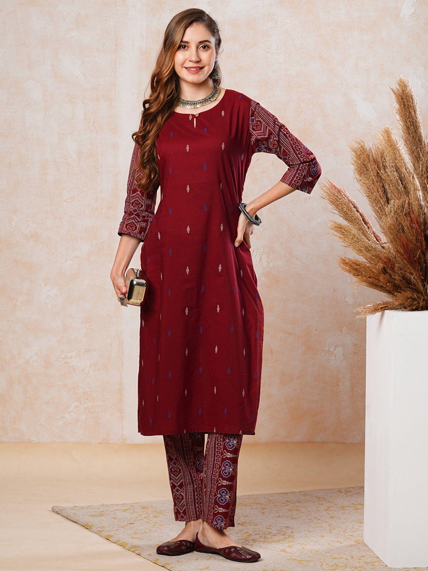 ethnic printed straight fit kurta with pant - maroon (set of 2)