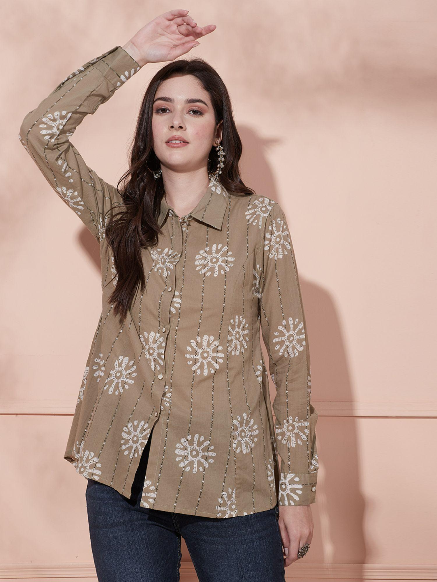 ethnic printed straight fit shirt - khaki