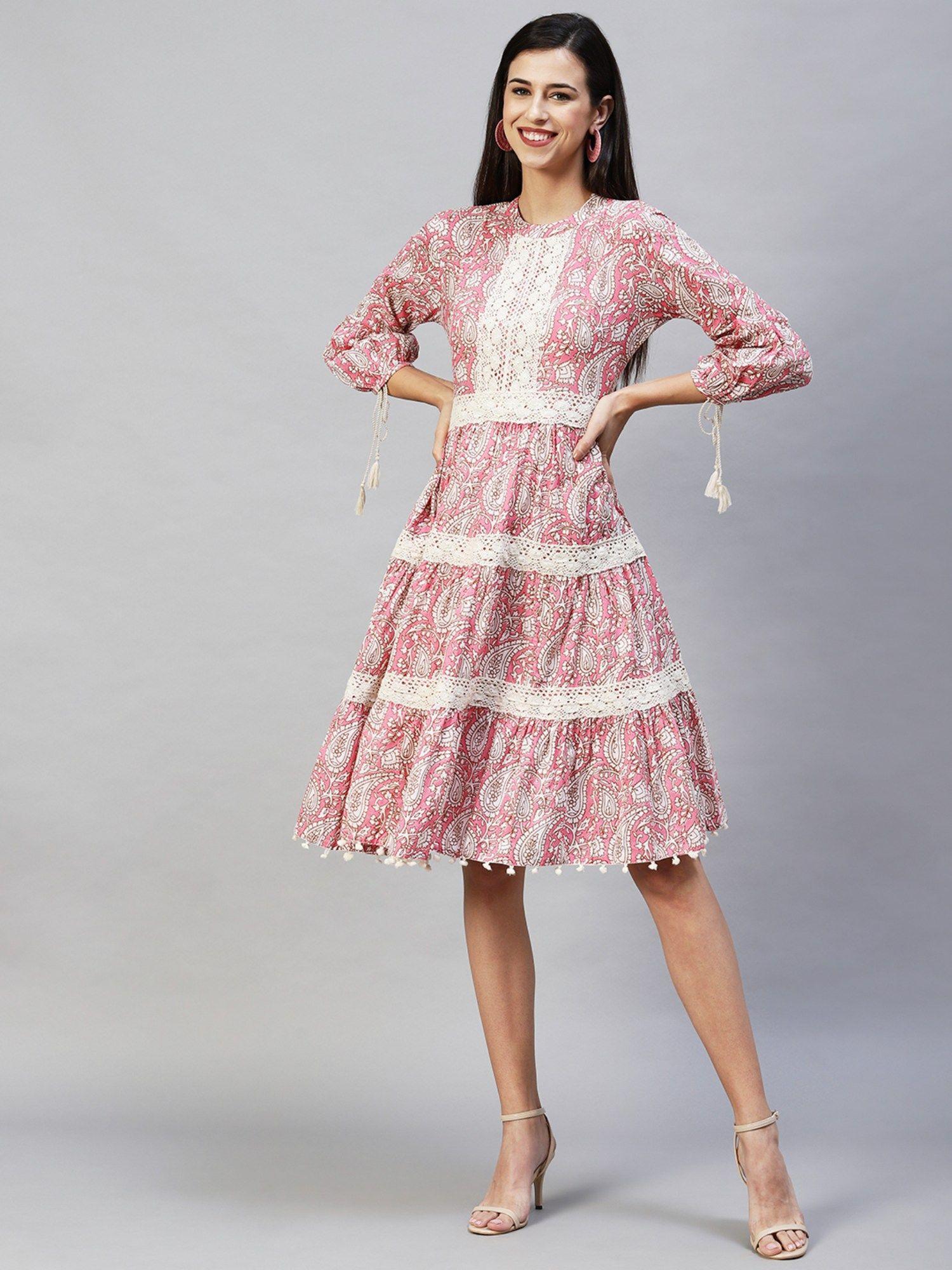 ethnic printed tiered flared dress - pink