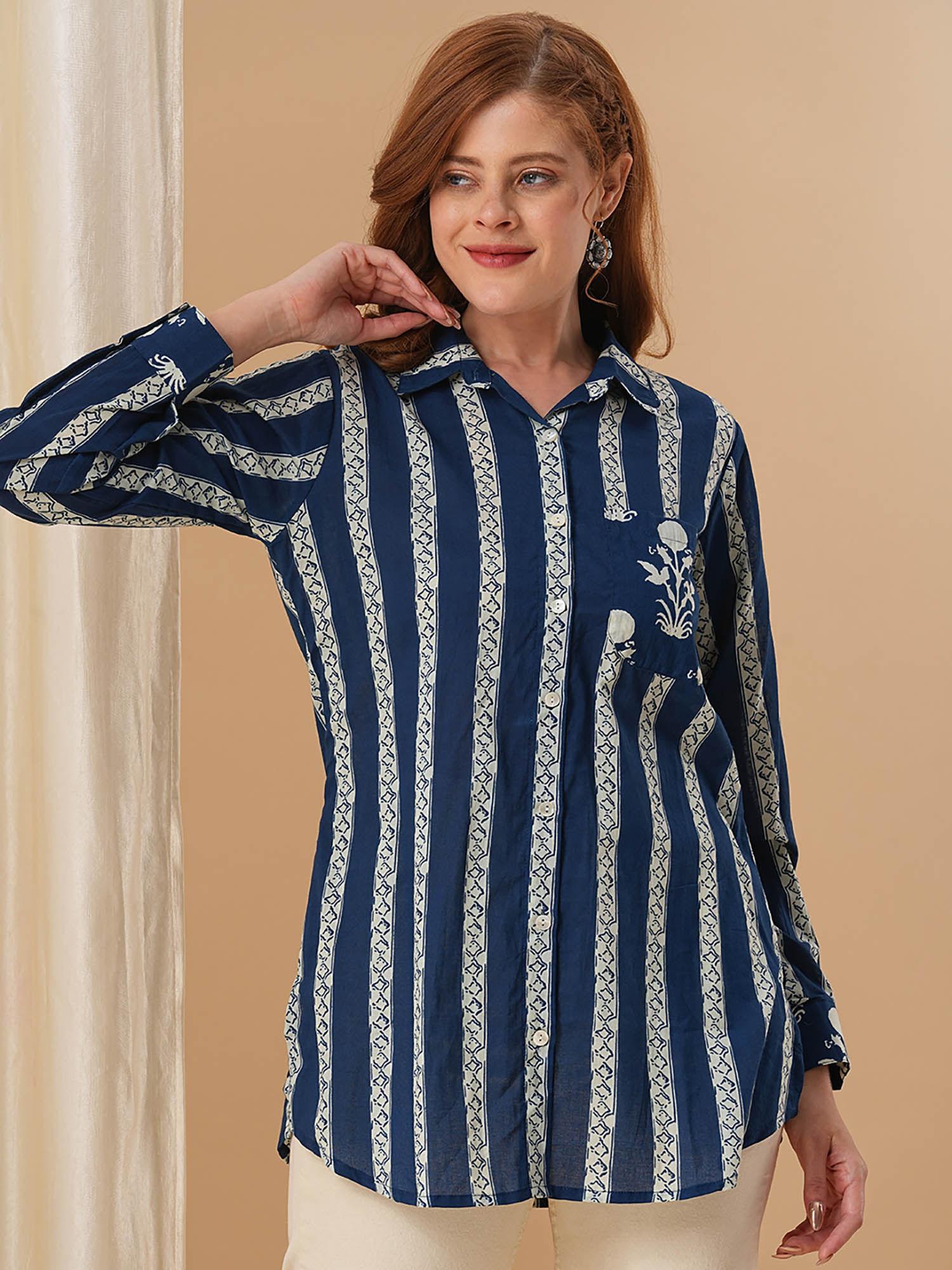 ethnic stripes printed straight fit cotton shirt - blue