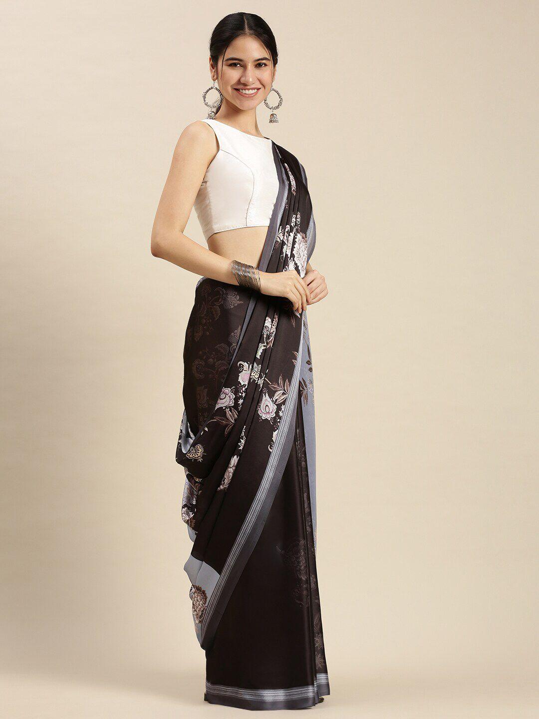 ethnic threads black & grey floral satin saree