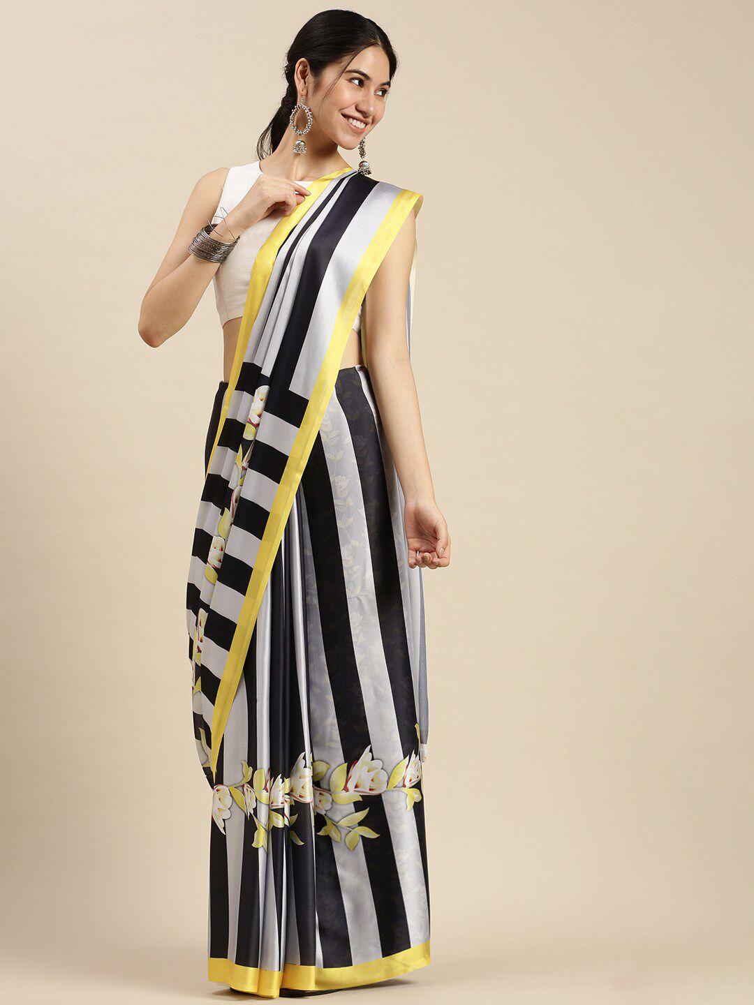 ethnic threads black & white striped printed satin saree