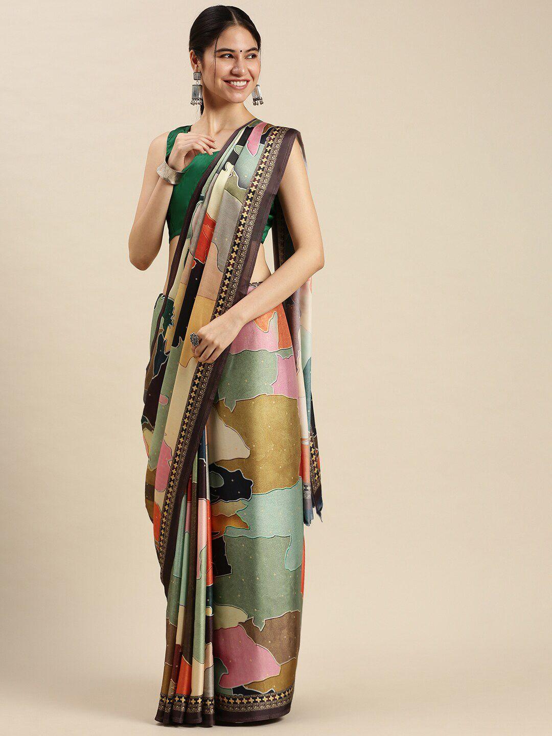 ethnic threads brown & green satin saree