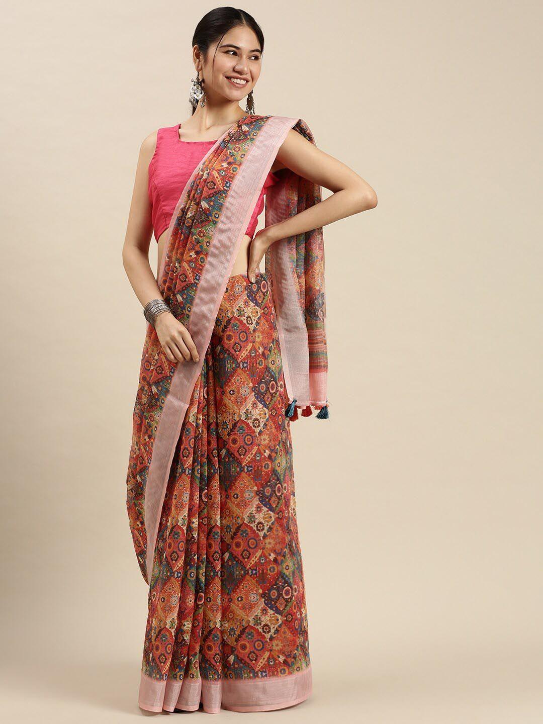 ethnic threads floral printed pure linen saree