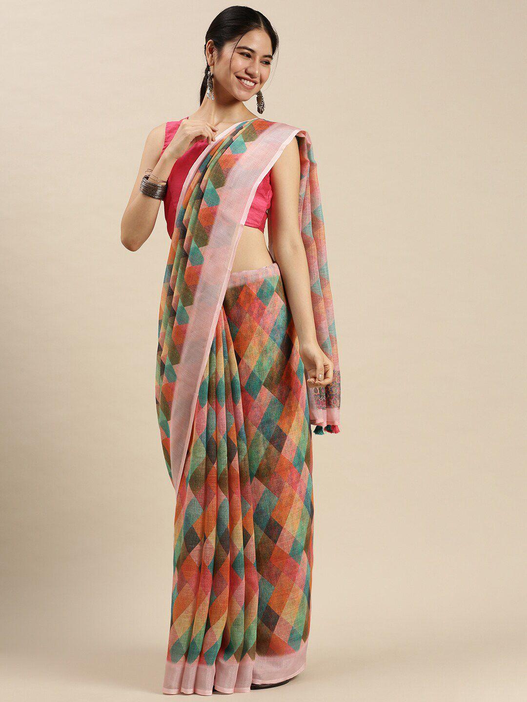 ethnic threads orange & pink pure linen saree