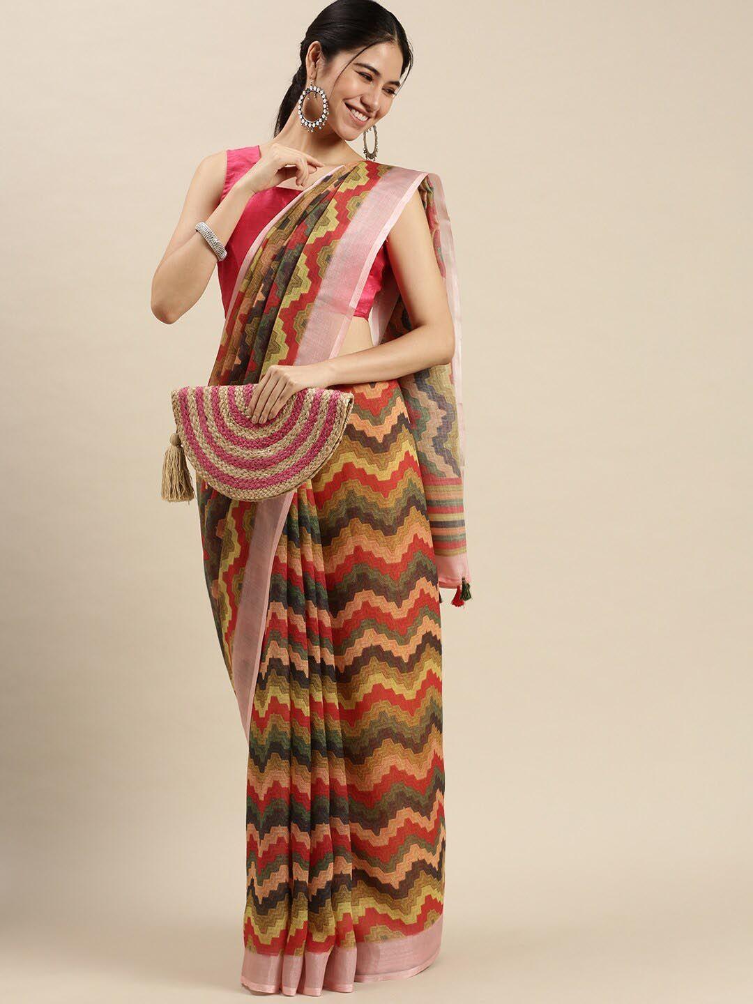 ethnic threads striped pure linen saree with tassel