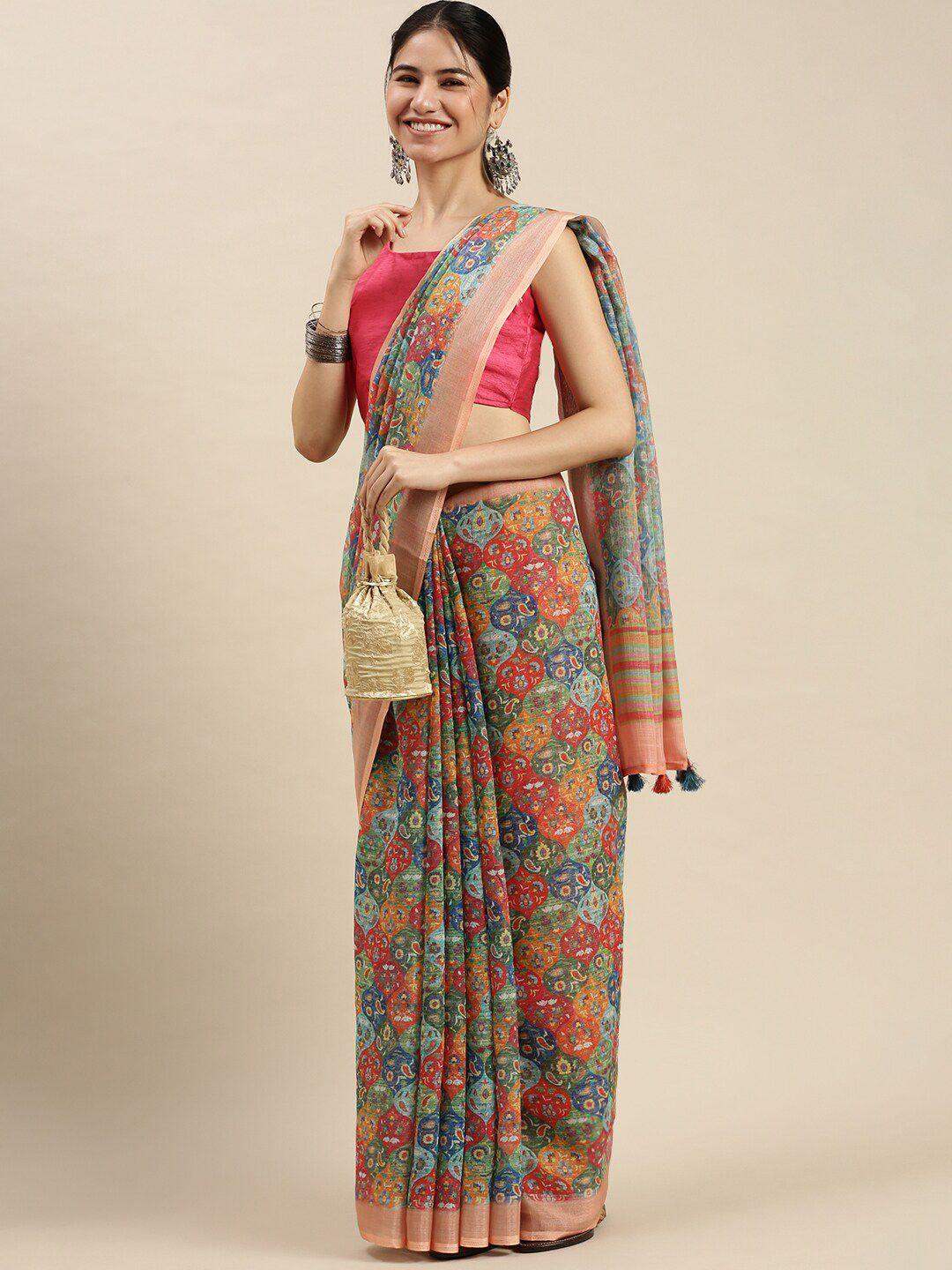 ethnic threads women multicolored ethnic motifs printed pure linen saree