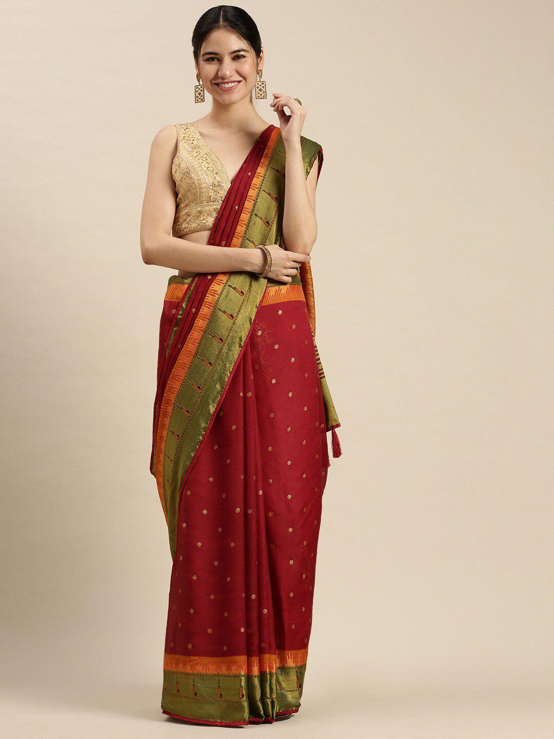 ethnic threads women red & olive green woven design zari brasso saree