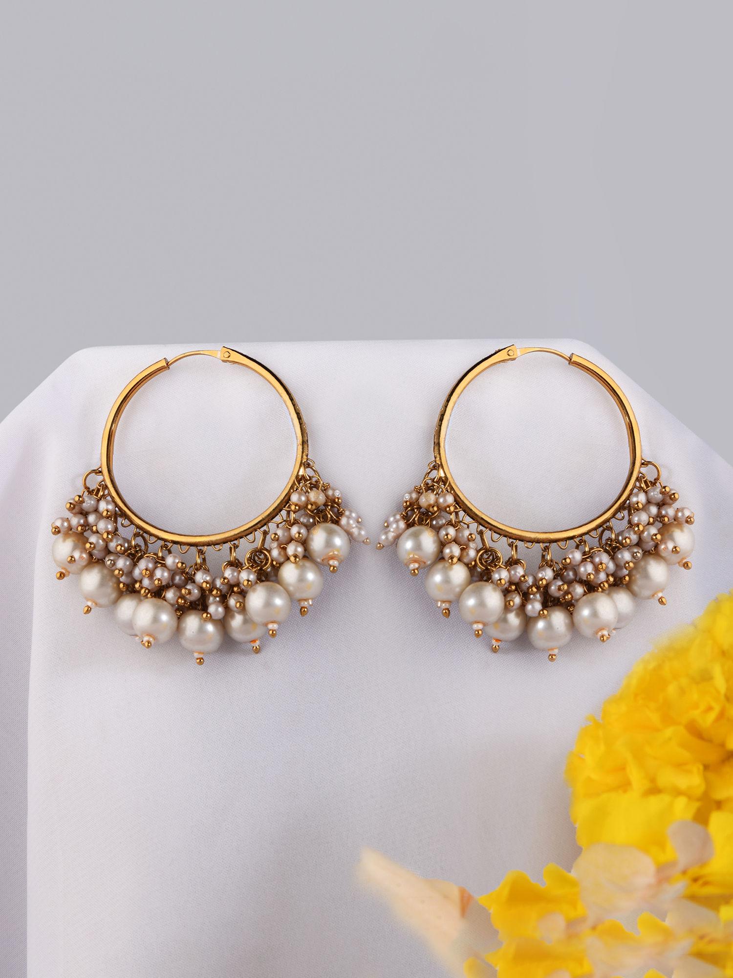 ethnic traditional gold colour hooped earrings with cluster pearl drops
