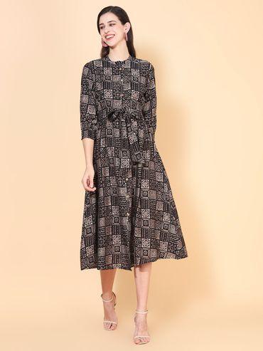 ethnic tribal printed fit & flare midi dress - black