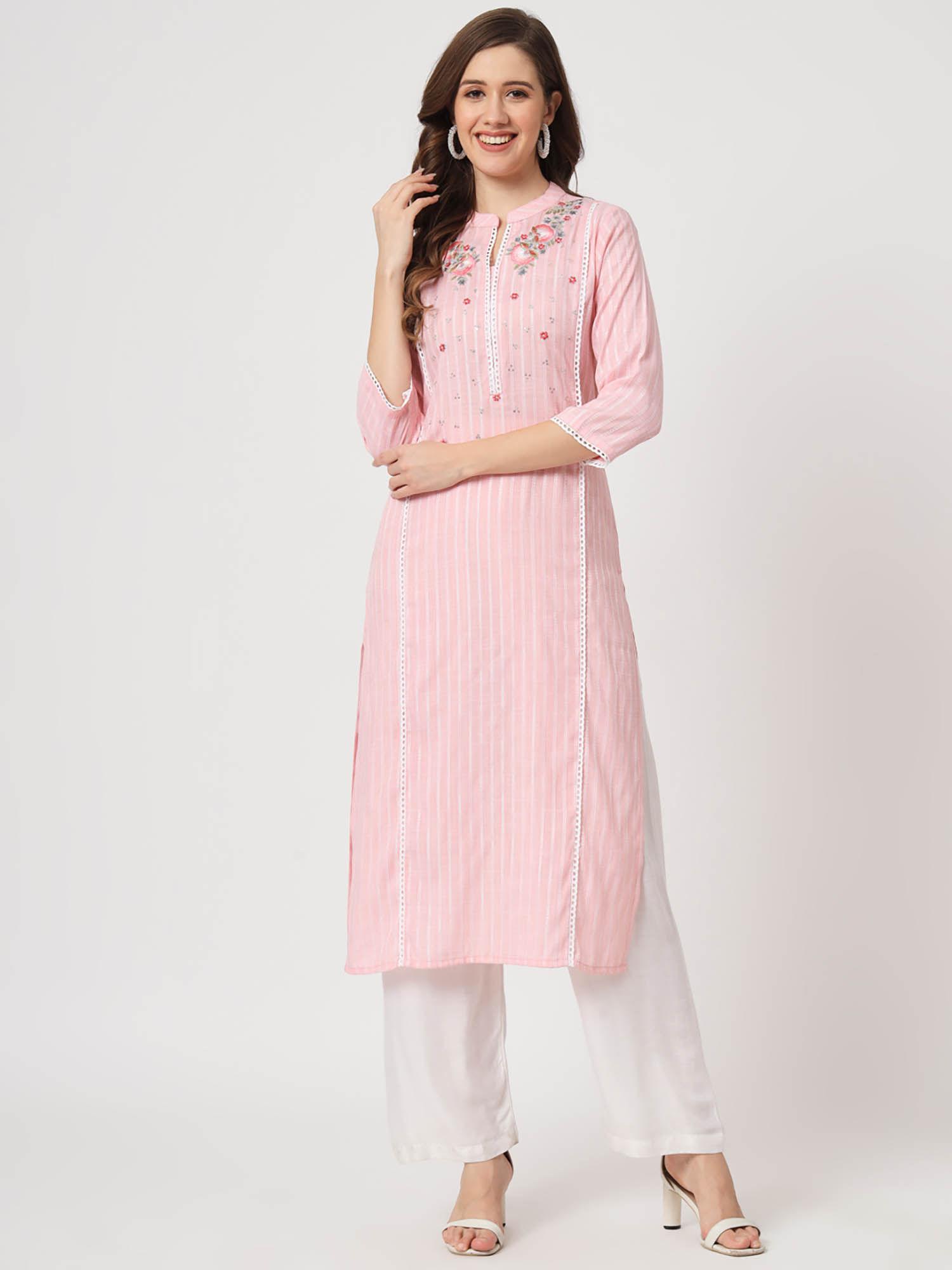 ethnic wear womens dyed yarn viscose baby pink embroidered straight kurta