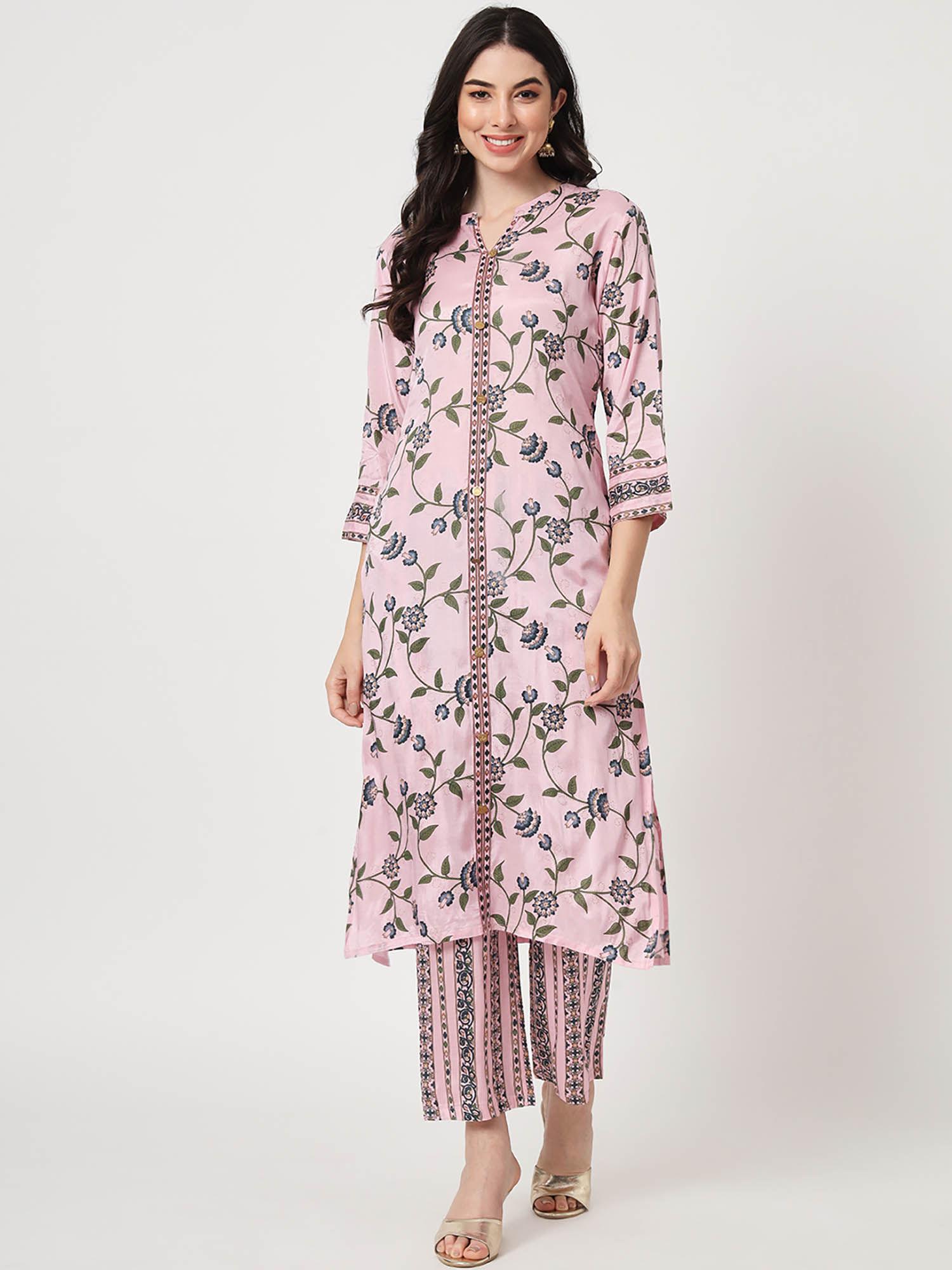 ethnic wear womens viscose silk pink floral printed straight kurta pant (set of 2)