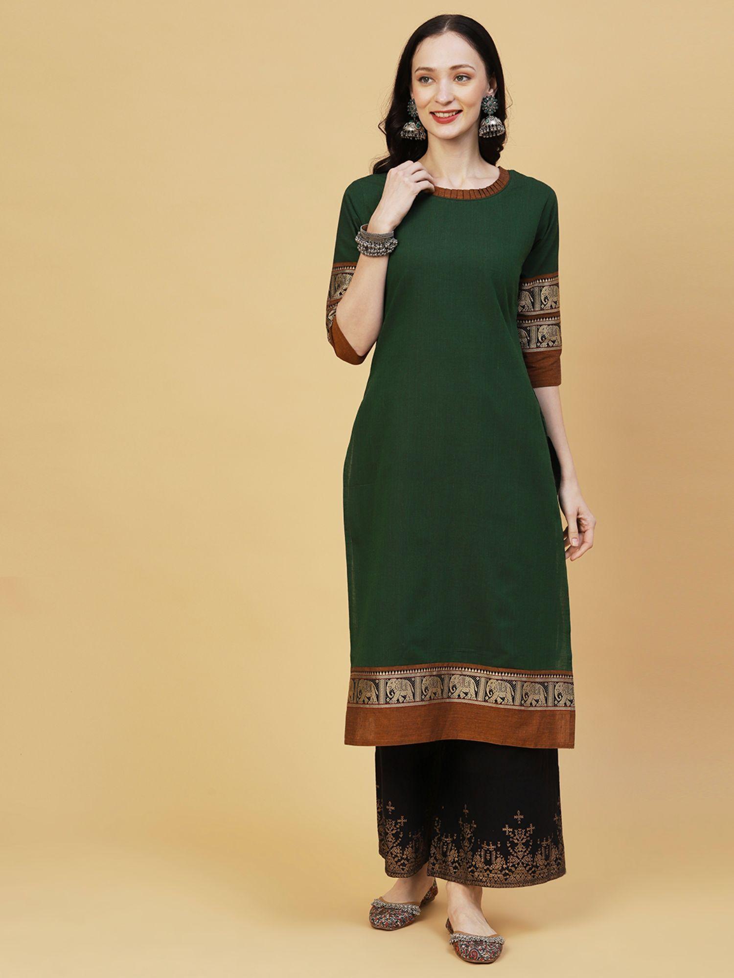 ethnic woven elephant motif straight fit kurta - green