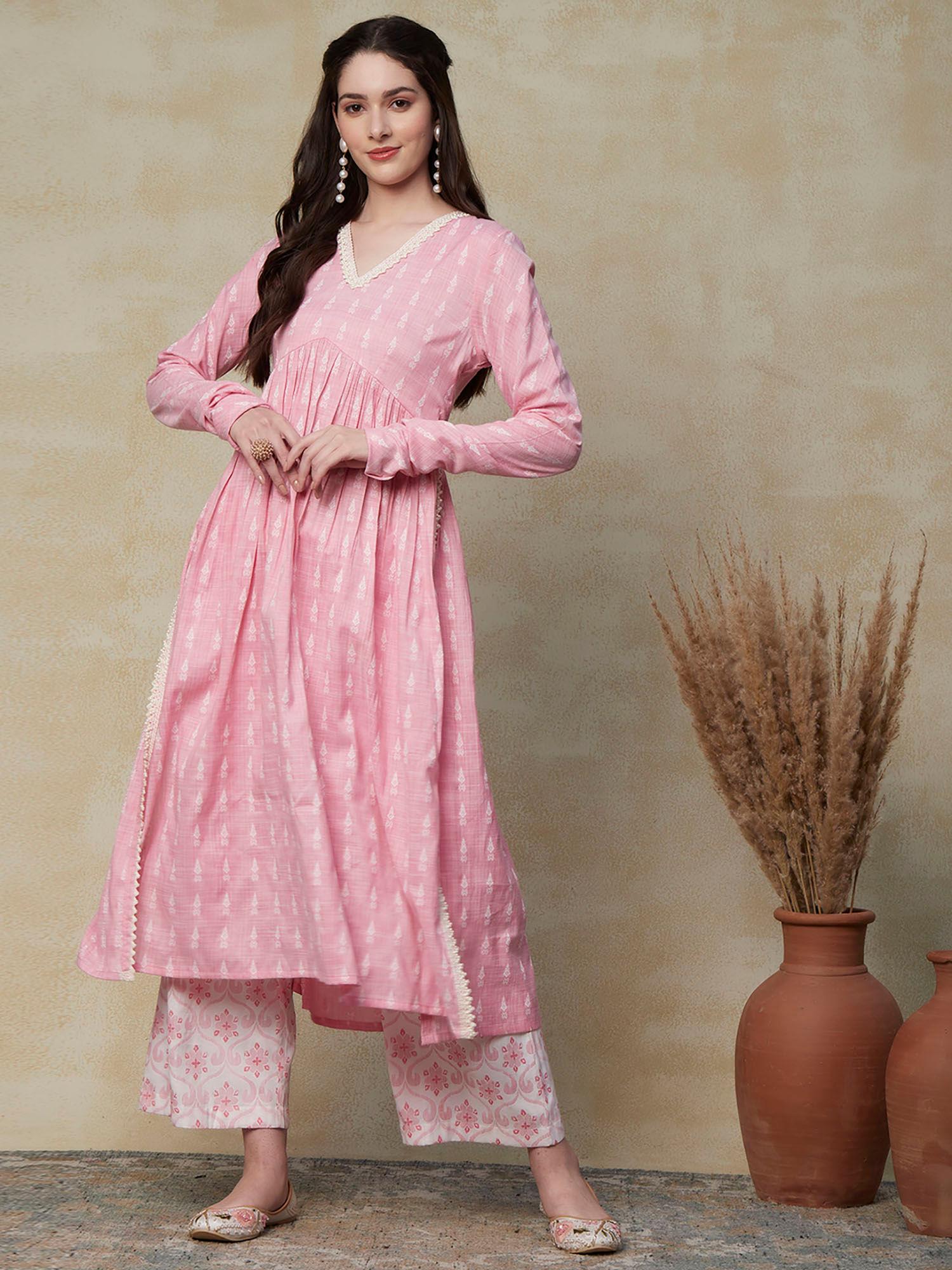 ethnic woven lace embroidered a-line pleated kurta with palazzo - pink (set of 2)