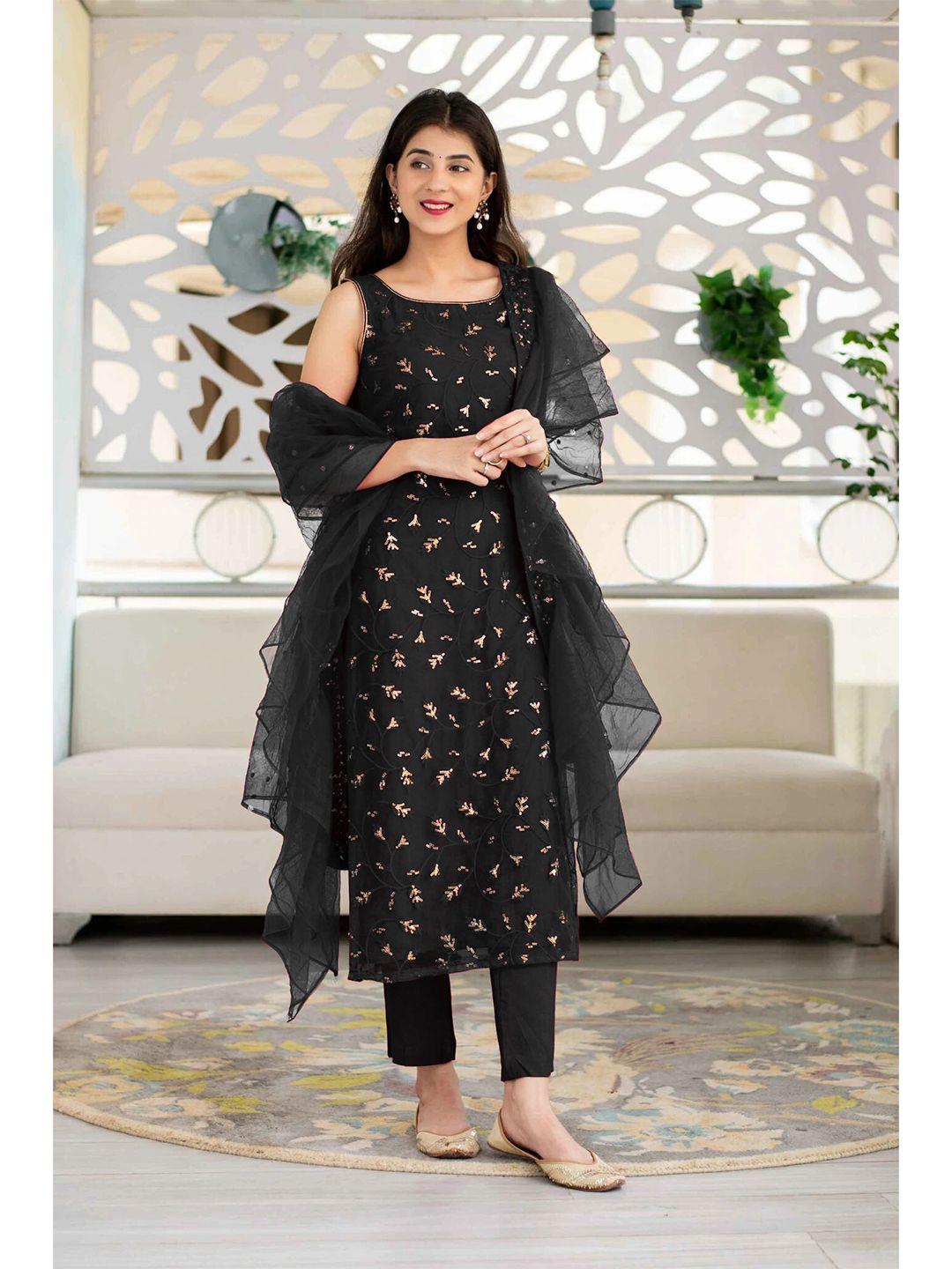 ethnic yard black & gold-toned embroidered semi-stitched dress material