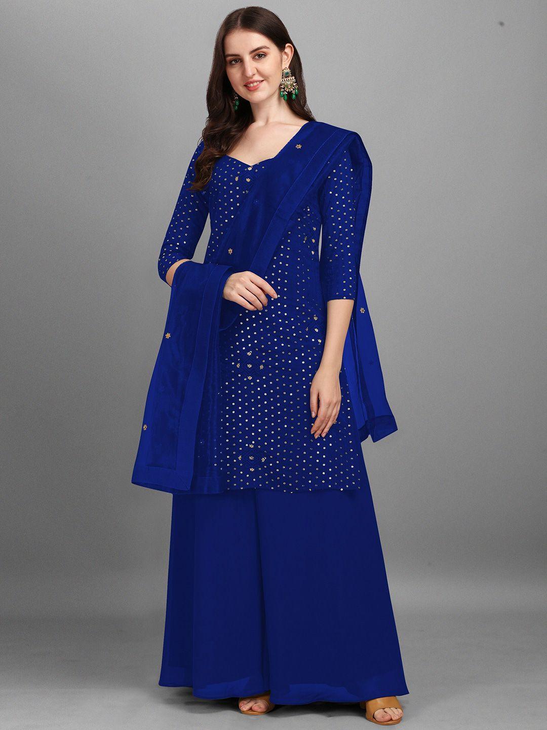 ethnic yard blue & gold-toned embroidered semi-stitched dress material