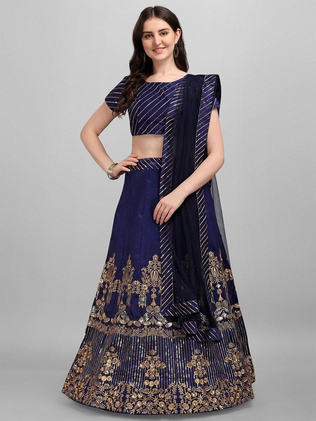 ethnic yard blue & gold-toned embroidered semi-stitched lehenga & unstitched blouse with dupatta