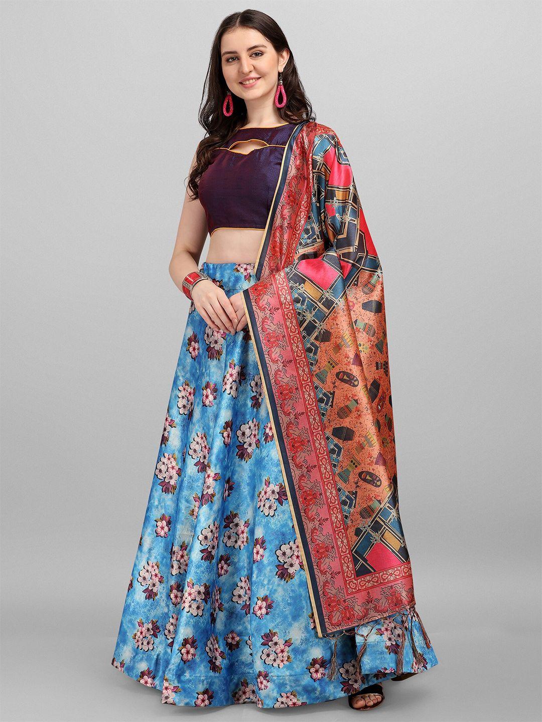 ethnic yard blue & orange semi-stitched lehenga & unstitched blouse with dupatta