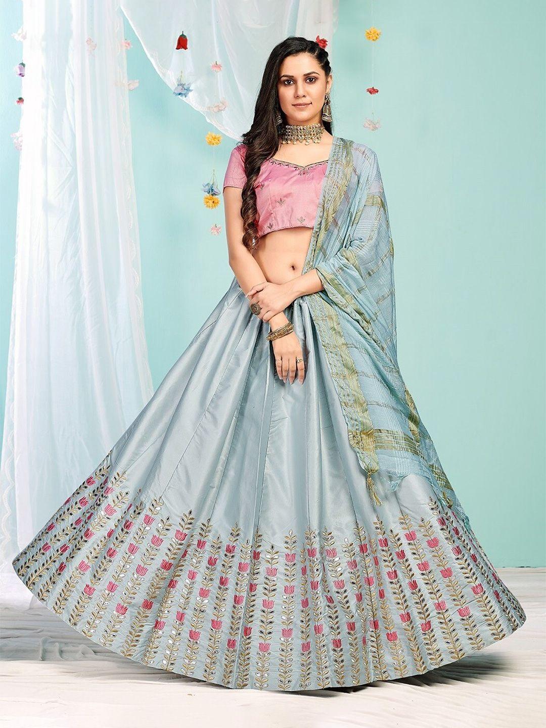 ethnic yard blue & pink embroidered semi-stitched lehenga & unstitched blouse with dupatta