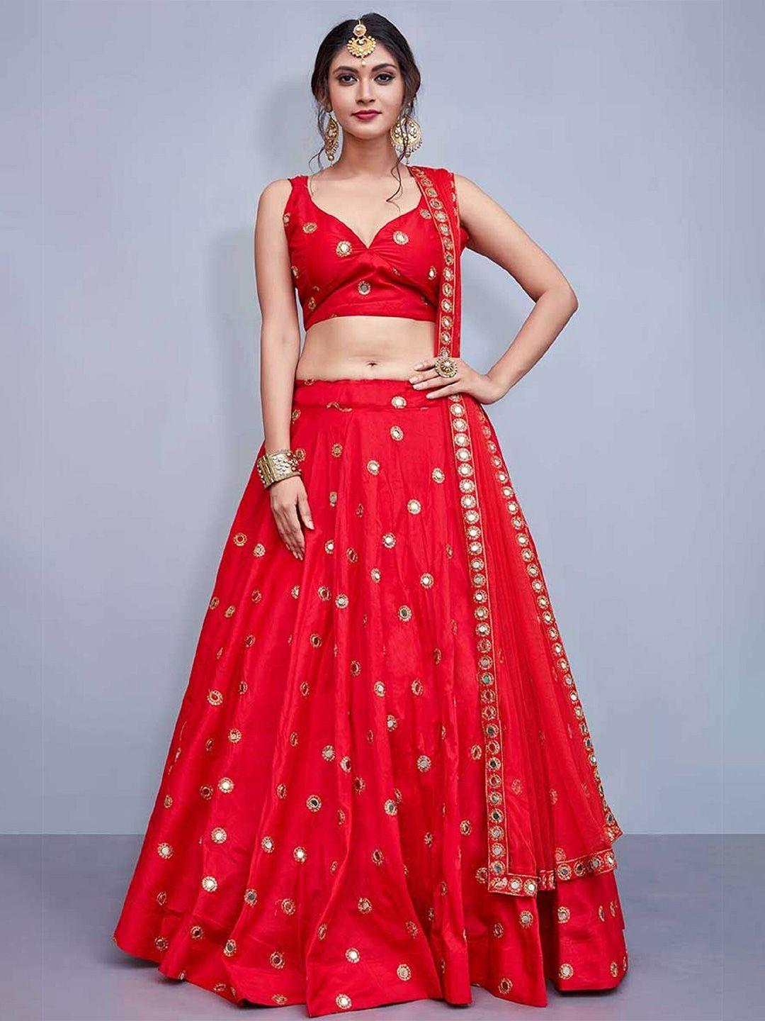 ethnic yard embroidered mirror work semi-stitched lehenga & unstitched blouse with dupatta