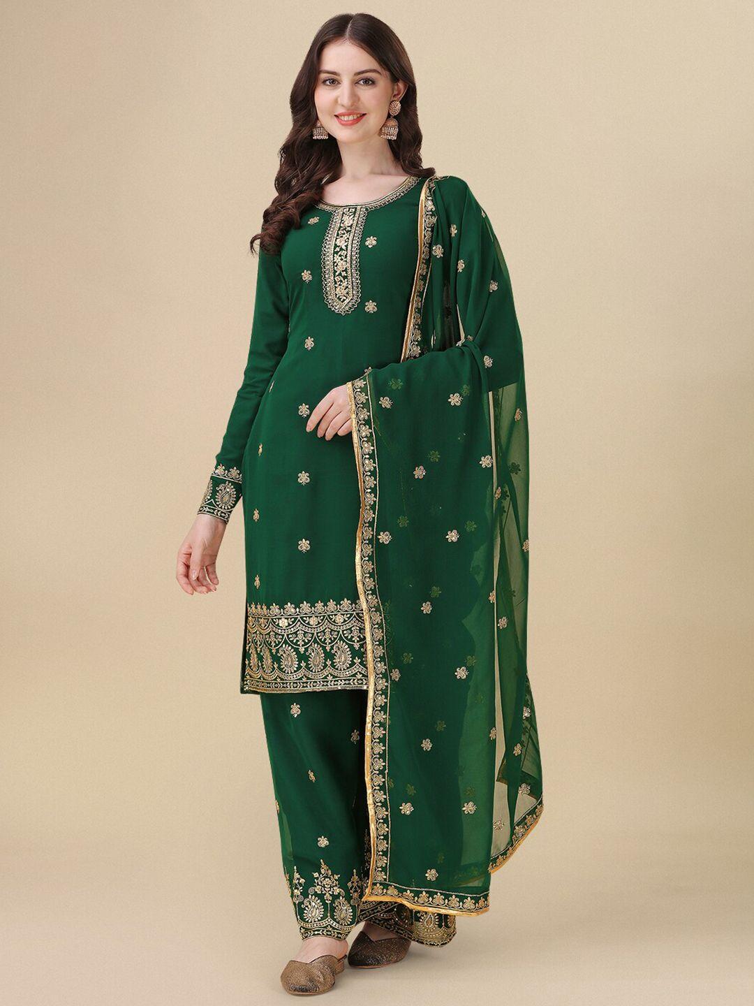 ethnic yard green & gold-toned embroidered semi-stitched dress material